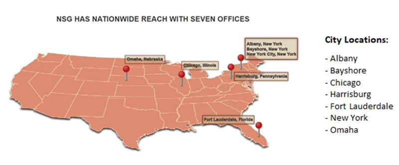 The map image whith seven offices locations: in Albany, Bayshore, in Chicago, in Harrisburg, in Fort Lauderdale, in New York, in Omaha